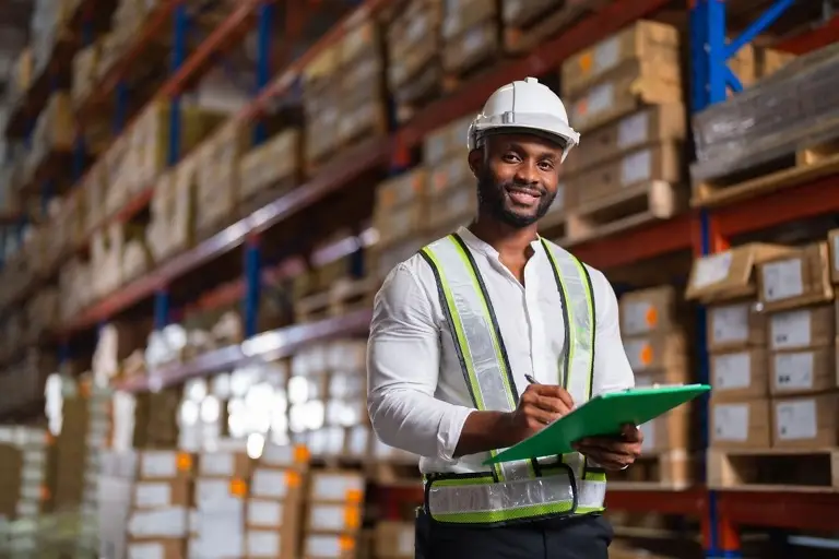 portrait of a black warehouse manager holding a clipboard checking inventory in a center