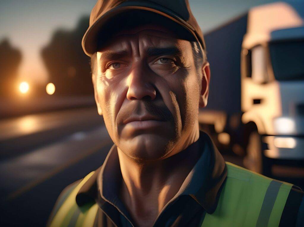 (AI-generated, by Fotor M2) Prompt: an exhausted truck driver being brave for the camera