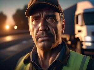 (AI-generated, by Fotor M2) Prompt: an exhausted truck driver being brave for the camera