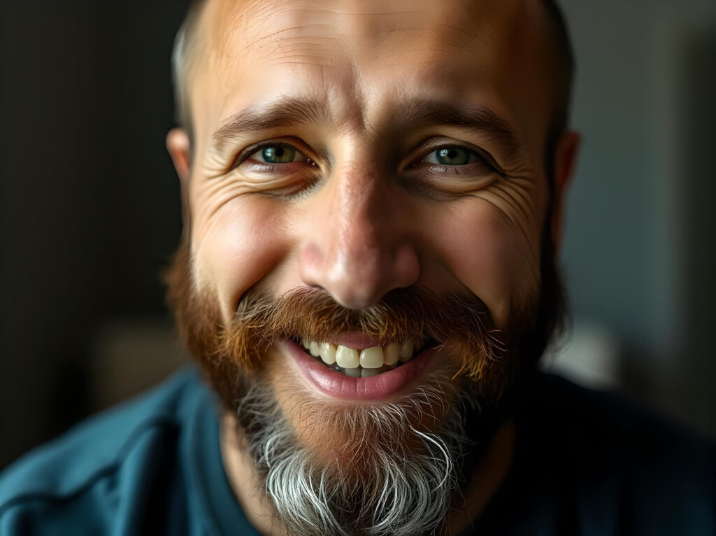 (AI-generated, by Fotor M2) Prompt: a highly photorealistic extreme close-up of a serene bearded man smiling for the camera, soft lighting, 8k key visual